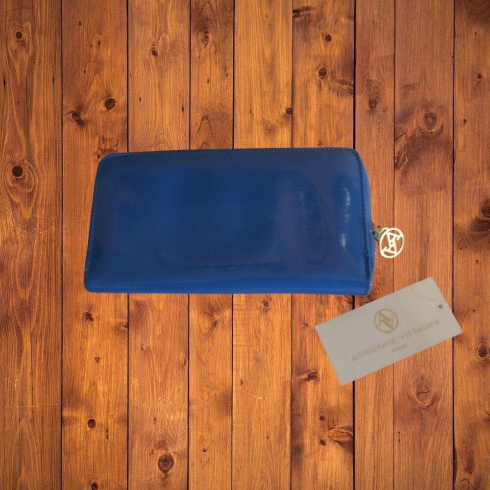 Adrienne Vittadini Patent Blue Zip Around Wallet Clutch Logo Women's NEW